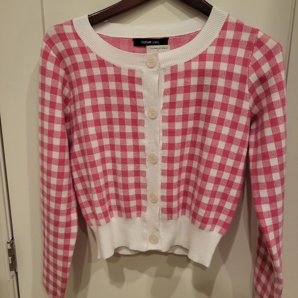 Sugar Lips Gingham Cardigan BNWOT Small Pink and White